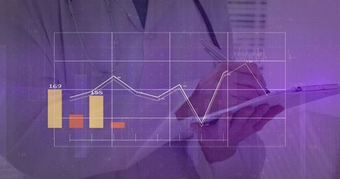 Clinician Writing Notes with Data Dashboard Overlay Showing Medical Analytics and Charts