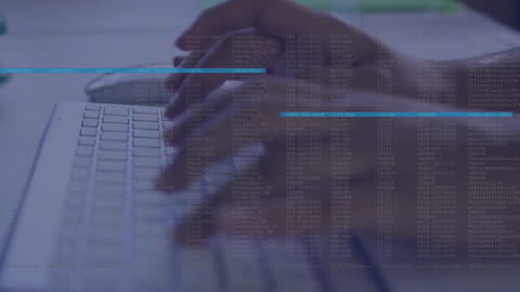 Animated Data Overlay on Woman Typing on Laptop Keyboard