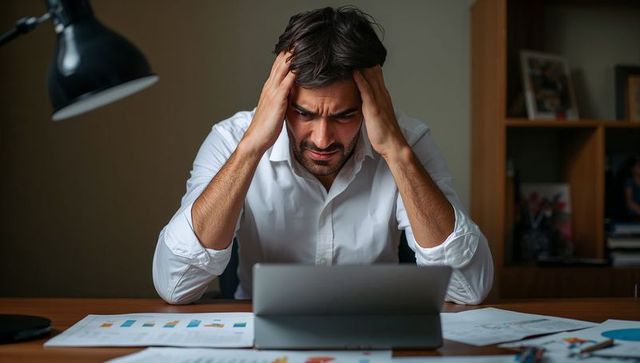 Stressed man rubbing temples while working late on laptop with financial charts