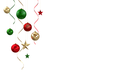 Transparent christmas ornaments hanging with streamers in festive colors