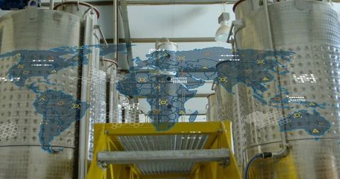 Modern Brewery with Digital World Map Overlay