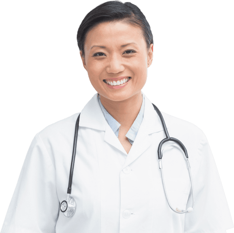 Transparent portrait of smiling asian female doctor with stethoscope