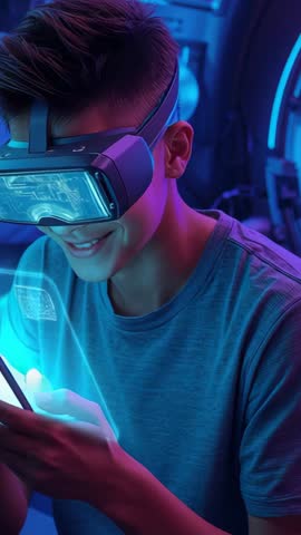 Young Man Wearing VR Headset Projecting Holographic Interface While Tapping Phone | Vertical Video