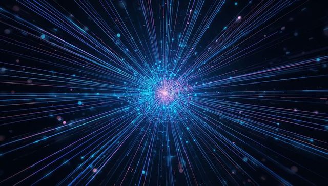 Radiating neon wireframe core emitting radial blue energy beams in futuristic digital space