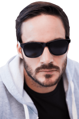 Transparent close up of man wearing sunglasses and hoodie