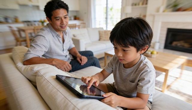 Father watching son using tablet on sunlit living room sofa for family screen time