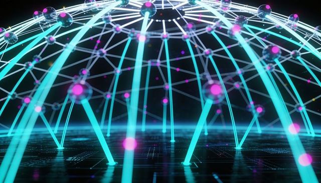 Neon geodesic network dome connecting nodes over digital circuit grid for ai data