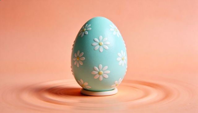 Pastel teal easter egg with white daisy motifs on peach gradient background