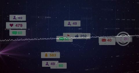 Futuristic analytics dashboard displaying floating engagement badges over central waveform