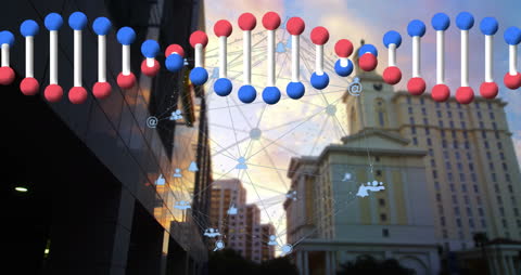 Digitally Imagined DNA Strand and Network Over Cityscape