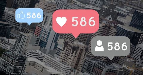 Social Media Reaction Icons Over Urban Cityscape