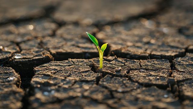 Green seedling pushing through cracked dry soil at sunrise, symbolizing resilience and renewal