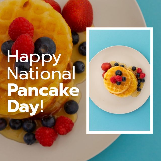 Happy National Pancake Day Celebration with Fresh Berries and Syrup - Download Free Stock Templates Pikwizard.com