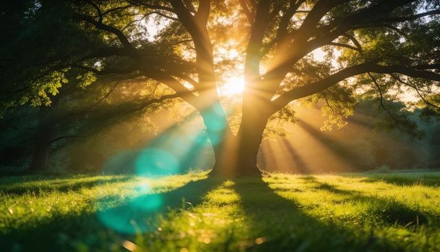 Sunbeams filtering through majestic oak over golden meadow with turquoise lens flare