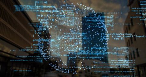 Futuristic Digital Globe Over Urban Landscape at Dusk with Code Overlay
