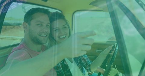 Couple Enjoying Road Trip with Digital Overlay Technology - Download Free Stock Images Pikwizard.com