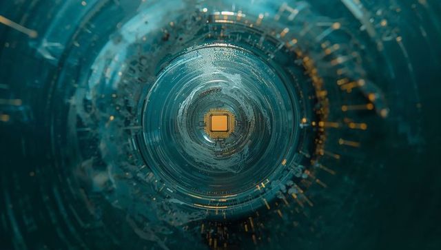 Pulsing gold microchip sending data through futuristic teal tunnel with concentric rings