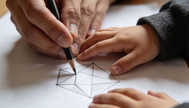 Adult hand guiding child shading geometric pencil sketch — mentorship learning creativity