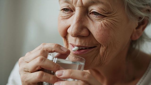 Senior woman taking pill with glass of water closeup portrait showing medication routine