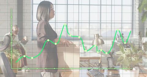Asian woman carrying moving box in modern open-plan office with green growth graph overlay