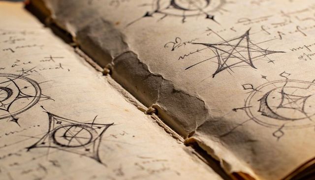 Antique sewn journal with aged parchment, hand-drawn geometric occult sketches, mystical diagrams