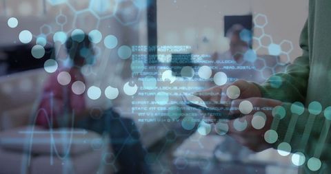 Man Engaging with Digital Network and DNA Code Interface