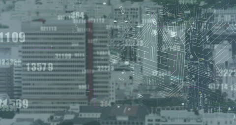 Futuristic Cityscape with Digital Circuitry Overlay
