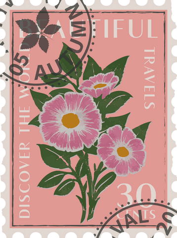 Transparent Vintage Stamp with Pink Botanical Illustrations