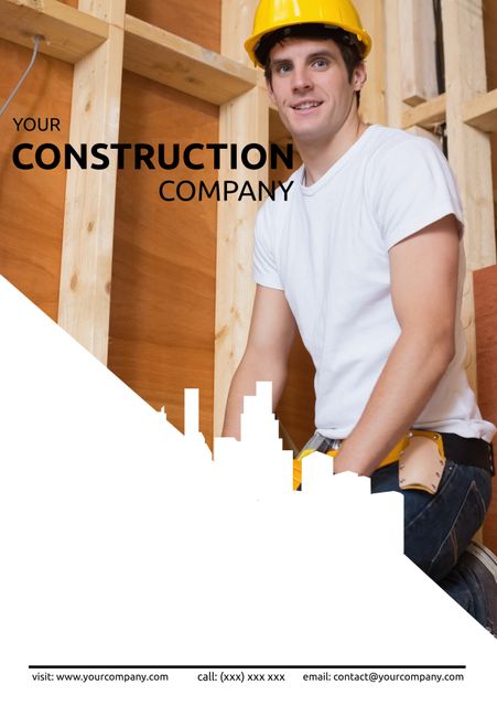 Image features a professional construction worker smiling while wearing a white shirt and yellow hard hat at an indoor construction site. Ideal for use in advertisements for construction companies, showcasing the professionalism and dedication of workers. Perfect for marketing materials, websites, and business cards aimed at highlighting construction services. Contact information and website details are included at the bottom, making it easy for potential clients to get in touch.