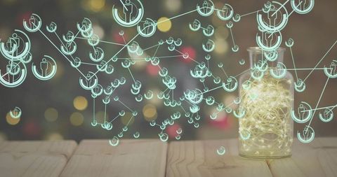 Glass Jar Fairy Lights with Holographic Network Overlay, Warm Bokeh Glow on Wooden Surface