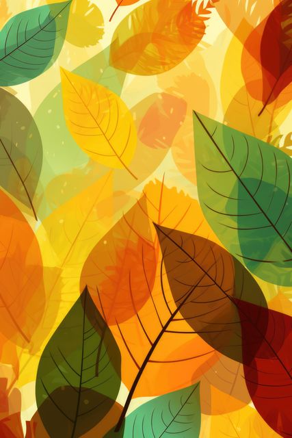 Illustration of colorful autumn leaves overlapping creating an abstract background. Ideal for seasonal promotions, greeting cards, posters, and environmental campaigns. Vibrant fall colors make it suitable for autumn-themed designs and digital decorations.