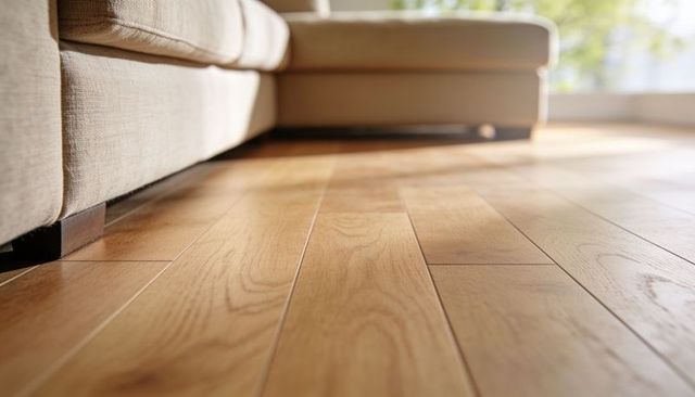 Sunlit light oak hardwood floor planks reflecting warm grain with beige sofa legs by window