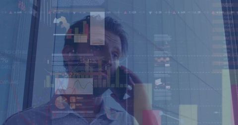 Caucasian businessman analyzing digital data interfaces