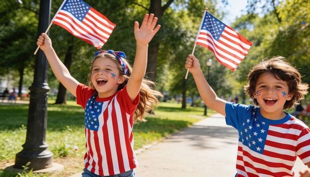 Joyful kids waving american flags on sunny park path celebrating fourth of july parade