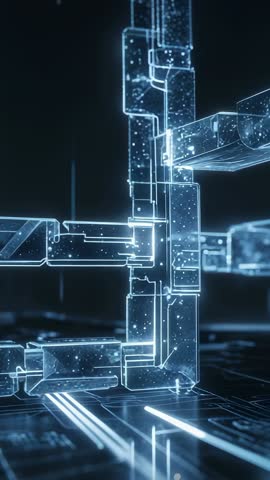 Vertical 9:16 Futuristic Data Flow Pulsing Glowing Blocks Animating Virtual Grid Mobile Loop