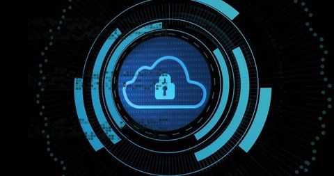 Futuristic Cloud Security Interface with Locked Cloud and Digital HUD Rings, Binary Code Neon