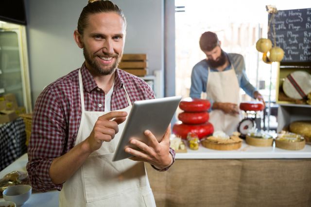 A male market staff member smiles while using a digital tablet. In the background, another staff member arranges cheese wheels. Both are wearing aprons, reflecting a small business or entrepreneurial setting. Perfect for illustrating modern retail environments, business teamwork, or technology in small businesses.