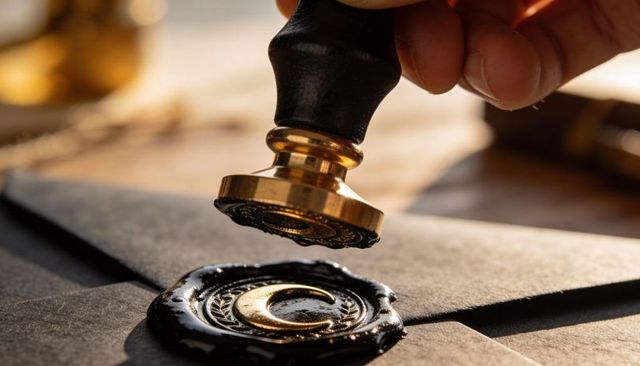 Pressing brass wax seal with crescent emblem on black envelope, ornate vintage sealing