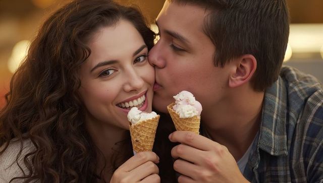 Young couple kissing while sharing waffle ice cream cones on cozy evening date