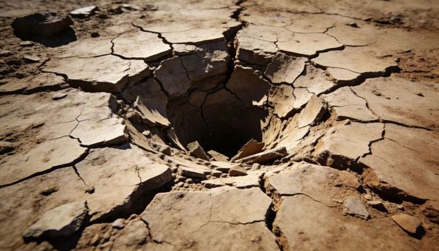 Circular sinkhole forming in cracked dry lake bed with radial fissures and fractured clay