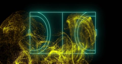 Abstract neon basketball court with dynamic yellow particles