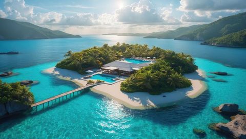 Luxury tropical island resort for millionaire getaway with pavilion villa and pier
