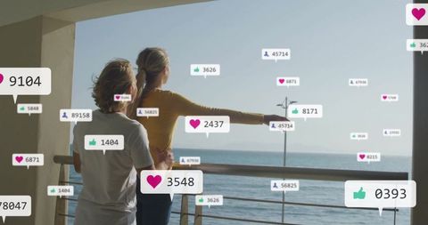 Couple Admiring Seaside with Social Media Interface Insights