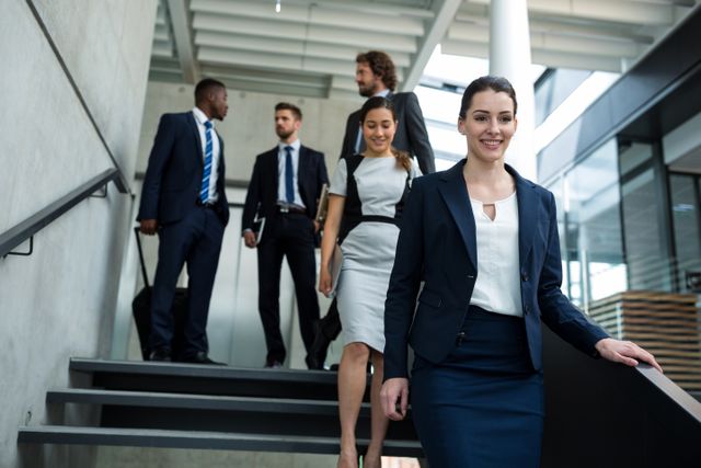 Confident businesswoman with colleagues climbing down the stairs in office