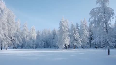 Slow Zoom Through Snow-Laden Evergreen Forest Clearing at Soft Morning Light