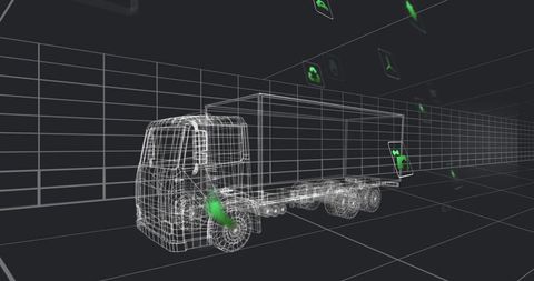 Wireframe semi-truck model with eco icons illustrating innovation