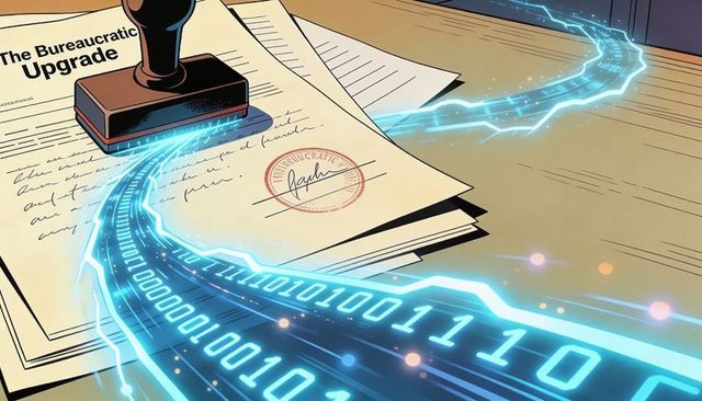 Bureaucratic upgrade paperwork digitizing into glowing binary ribbon with red seal stamp
