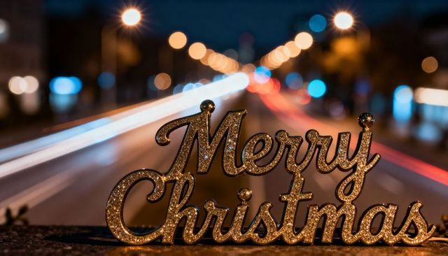 Glittering gold merry christmas script sign glowing with urban light trails at night