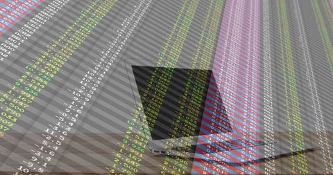 Laptop with stock market ticker overlay on wooden desk for finance analytics and trading