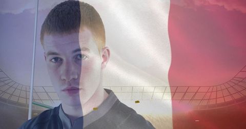 Rugby Player with French Flag Overlay at Stadium